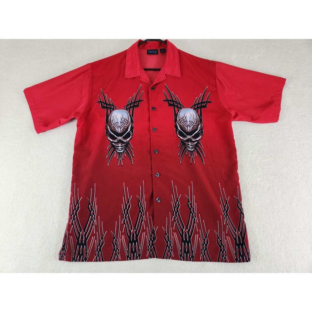 MT:2 Men's Red Button Down Skull Shirt Size XL Biker Grunge Streetwear Y2K